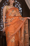 Bengal Gatha ~ Handloom Tussar Kota Silk Saree with Digital Print in Orange - verymuchindian.com