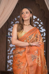 Bengal Gatha ~ Handloom Tussar Kota Silk Saree with Digital Print in Orange - verymuchindian.com