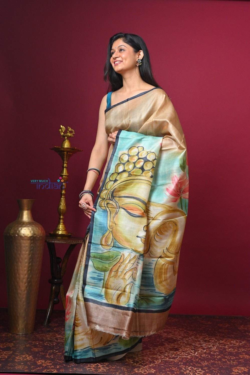 Bengal Gatha ~ Handloom Tussar Silk Saree with Buddha Handpainted Art in Off White - verymuchindian.com