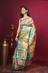 Bengal Gatha ~ Handloom Tussar Silk Saree with Buddha Handpainted Art in Off White - verymuchindian.com