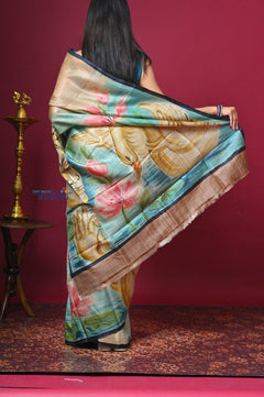 Bengal Gatha ~ Handloom Tussar Silk Saree with Buddha Handpainted Art in Off White - verymuchindian.com