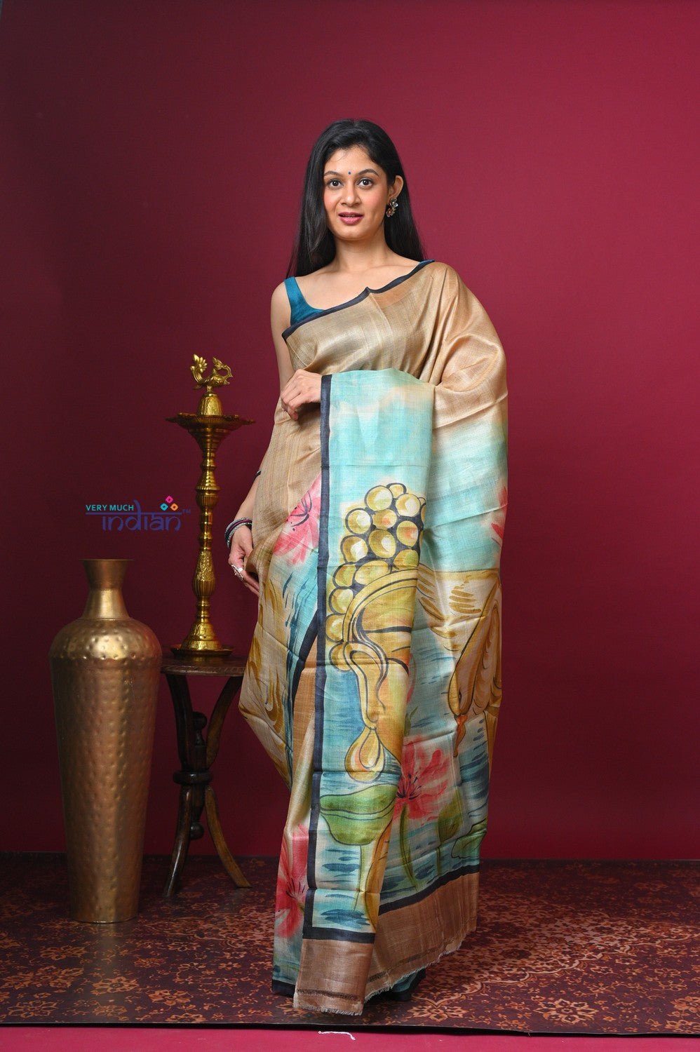 Bengal Gatha ~ Handloom Tussar Silk Saree with Buddha Handpainted Art in Off White - verymuchindian.com