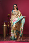 Bengal Gatha ~ Handloom Tussar Silk Saree with Buddha Handpainted Art in Off White - verymuchindian.com