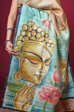 Bengal Gatha ~ Handloom Tussar Silk Saree with Buddha Handpainted Art in Off White - verymuchindian.com