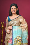 Bengal Gatha ~ Handloom Tussar Silk Saree with Buddha Handpainted Art in Off White - verymuchindian.com