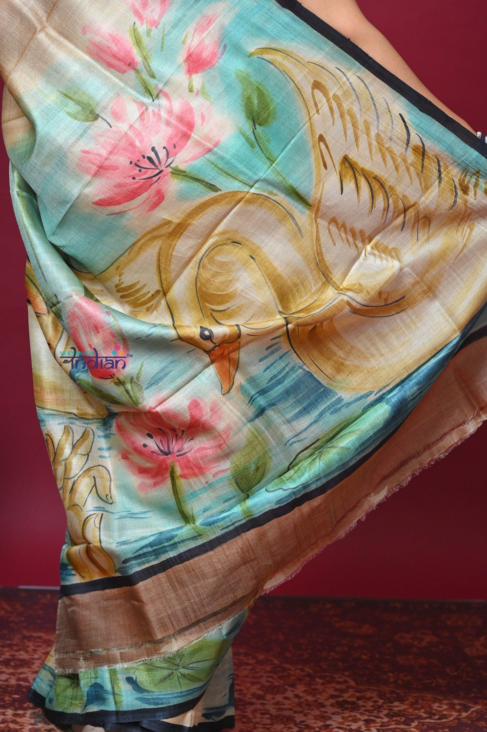 Bengal Gatha ~ Handloom Tussar Silk Saree with Buddha Handpainted Art in Off White - verymuchindian.com