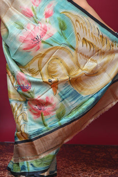 Bengal Gatha ~ Handloom Tussar Silk Saree with Buddha Handpainted Art in Off White - verymuchindian.com