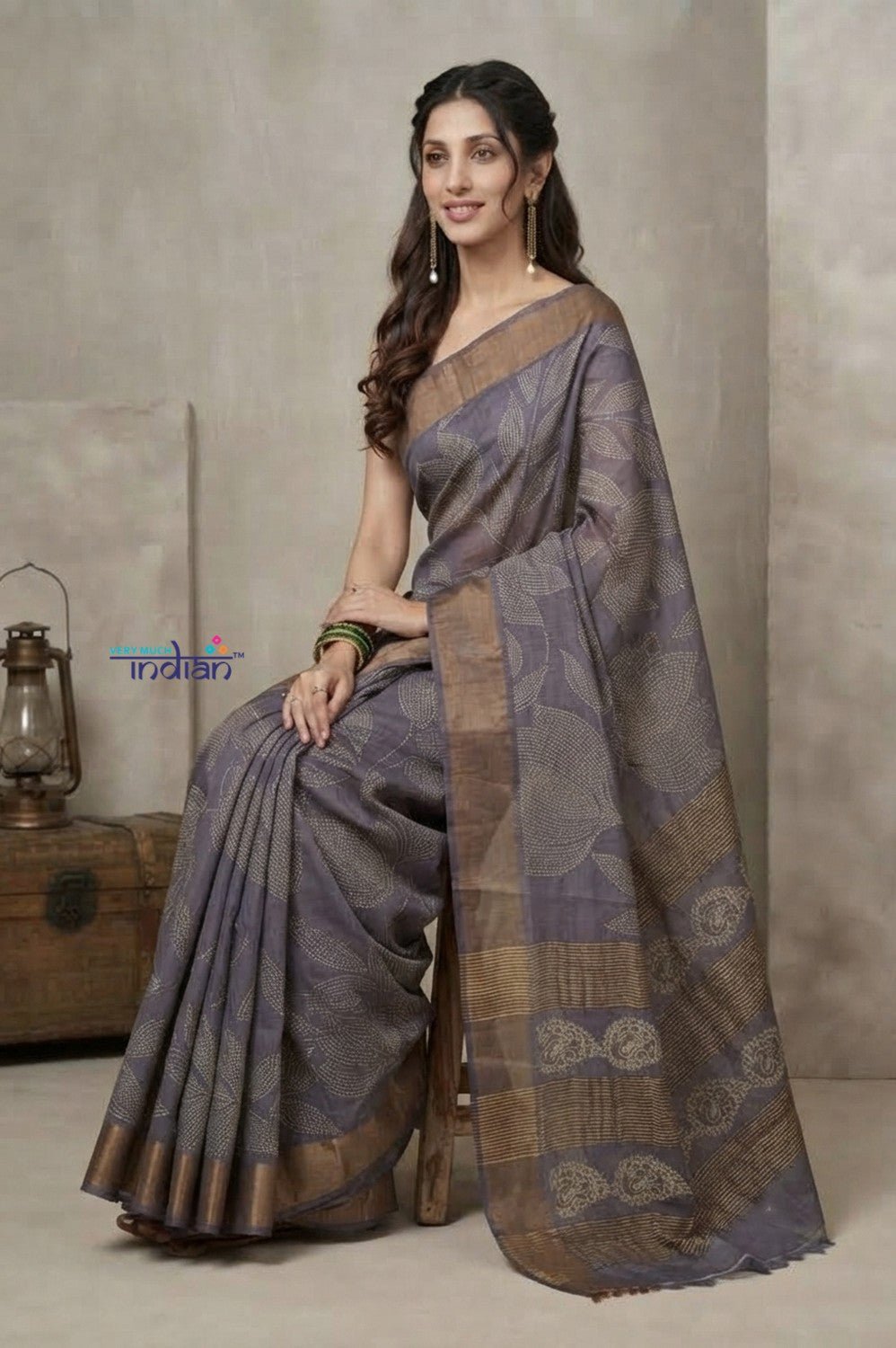 Bengal Gatha ~ Handloom Tussar Silk Saree with Digital Print in Grey - verymuchindian.com