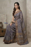 Bengal Gatha ~ Handloom Tussar Silk Saree with Digital Print in Grey - verymuchindian.com