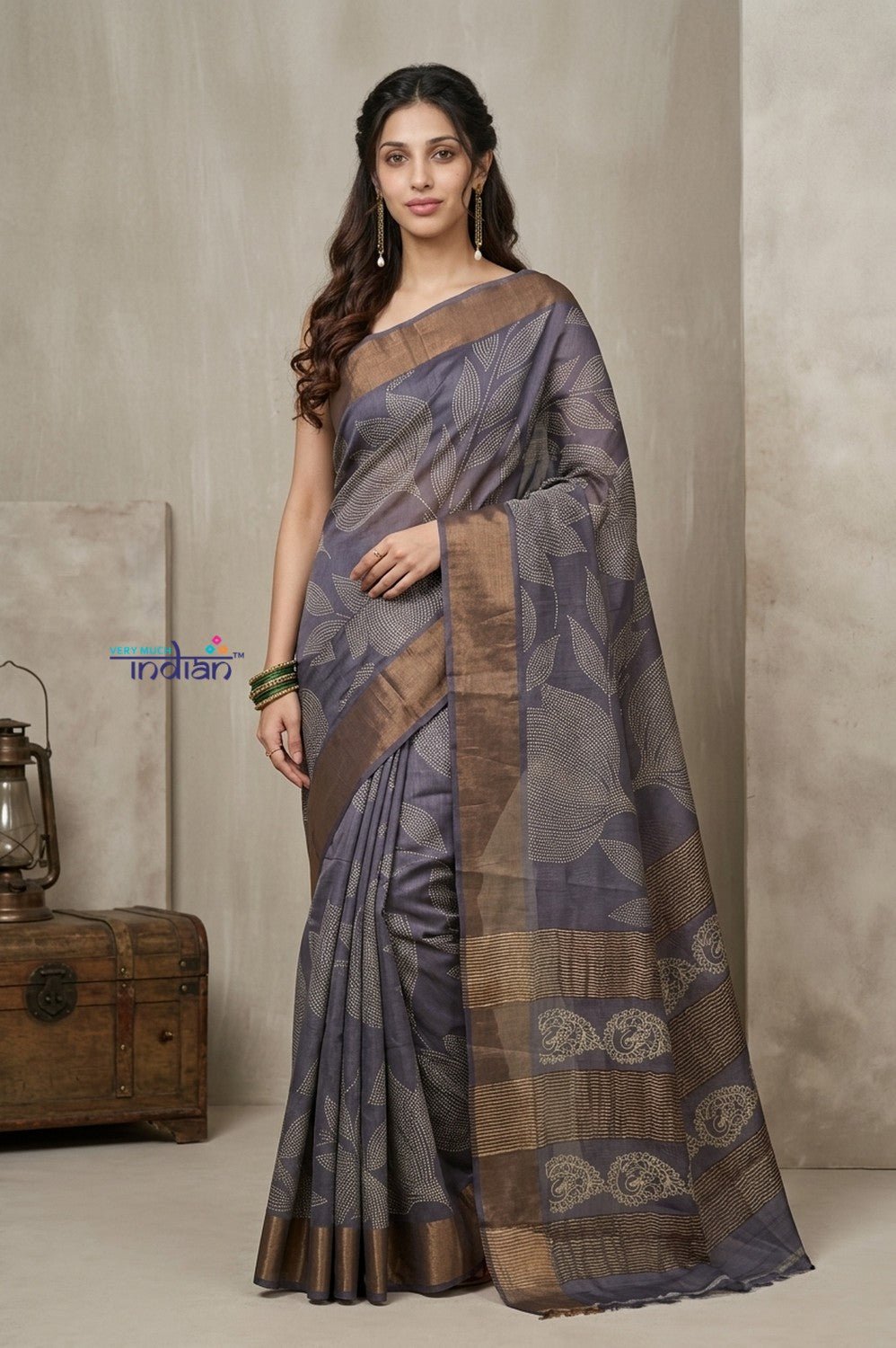 Bengal Gatha ~ Handloom Tussar Silk Saree with Digital Print in Grey - verymuchindian.com