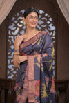 Bengal Gatha ~ Handloom Tussar Silk Saree with Digital Print in Midnight Blue - verymuchindian.com