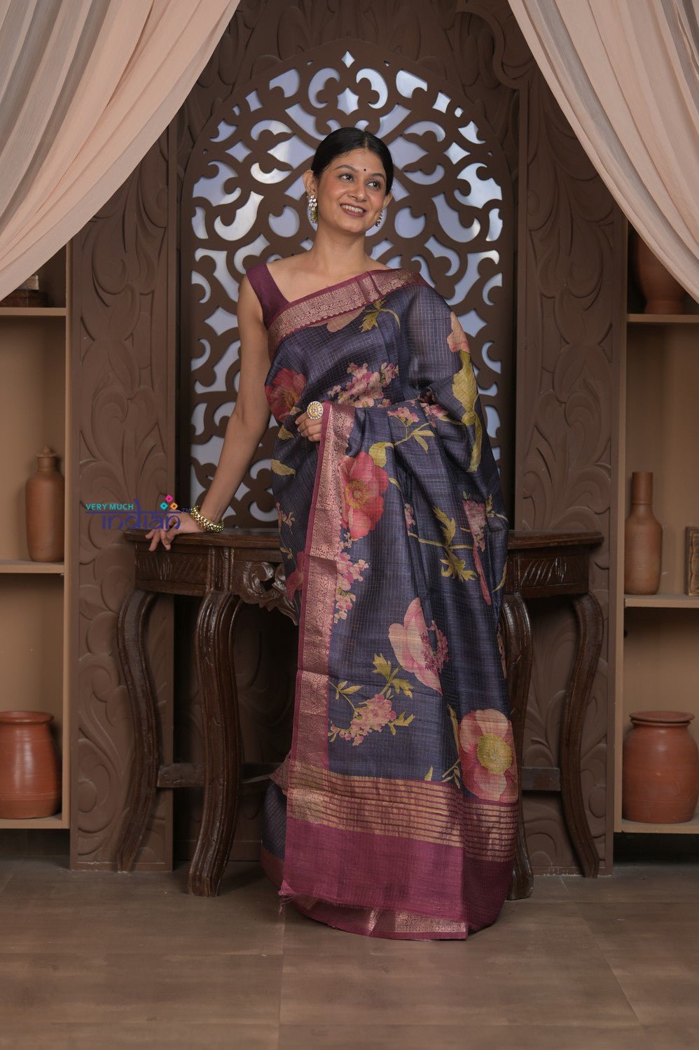 Bengal Gatha ~ Handloom Tussar Silk Saree with Digital Print in Midnight Blue - verymuchindian.com
