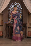 Bengal Gatha ~ Handloom Tussar Silk Saree with Digital Print in Midnight Blue - verymuchindian.com