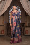 Bengal Gatha ~ Handloom Tussar Silk Saree with Digital Print in Midnight Blue - verymuchindian.com