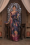 Bengal Gatha ~ Handloom Tussar Silk Saree with Digital Print in Midnight Blue - verymuchindian.com