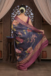 Bengal Gatha ~ Handloom Tussar Silk Saree with Digital Print in Midnight Blue - verymuchindian.com
