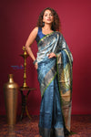 Bengal Gatha ~ Handloom Tussar Silk Saree with Digital Print in Ocean Blue - verymuchindian.com