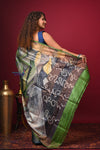 Bengal Gatha ~ Handloom Tussar Silk Saree with Digital Print in Ocean Blue - verymuchindian.com