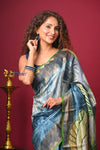 Bengal Gatha ~ Handloom Tussar Silk Saree with Digital Print in Ocean Blue - verymuchindian.com