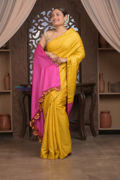 Bengal Gatha ~ Handloom Tussar Silk Saree with Digital Print in Pink and Yellow - verymuchindian.com