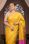 Bengal Gatha ~ Handloom Tussar Silk Saree with Digital Print in Pink and Yellow - verymuchindian.com
