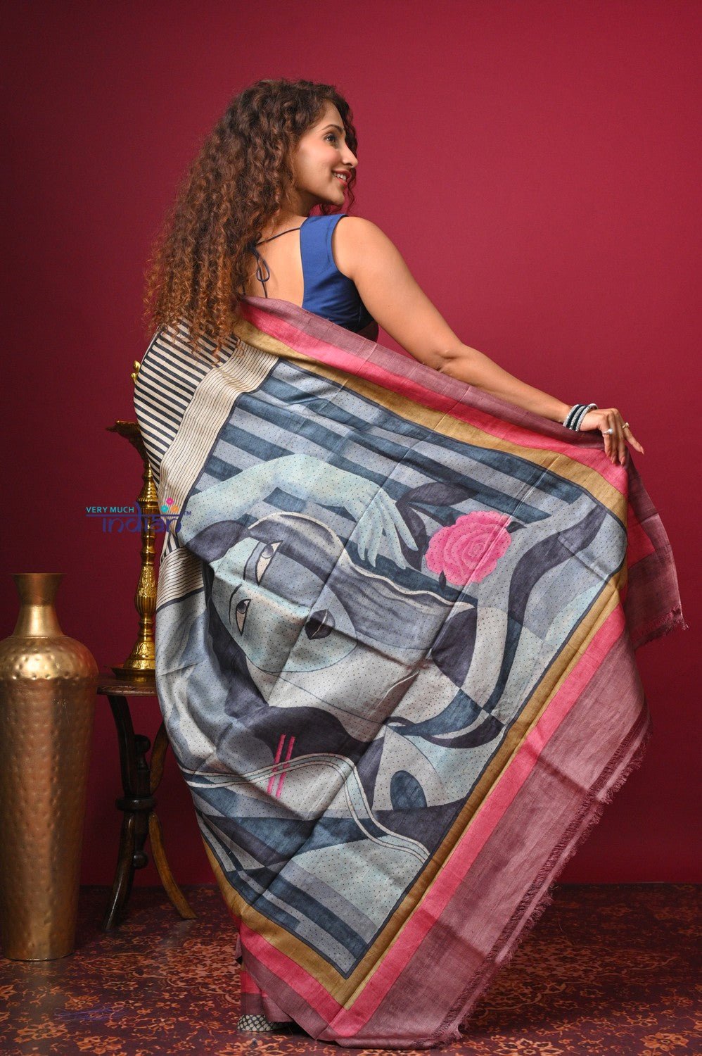 Bengal Gatha ~ Handloom Tussar Silk Saree with Digital Print in Shades of Blue and Red - verymuchindian.com