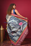 Bengal Gatha ~ Handloom Tussar Silk Saree with Digital Print in Shades of Blue and Red - verymuchindian.com