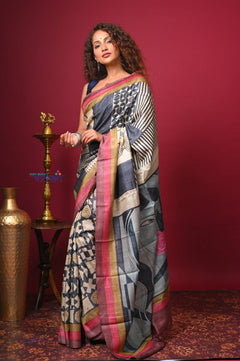 Bengal Gatha ~ Handloom Tussar Silk Saree with Digital Print in Shades of Blue and Red - verymuchindian.com