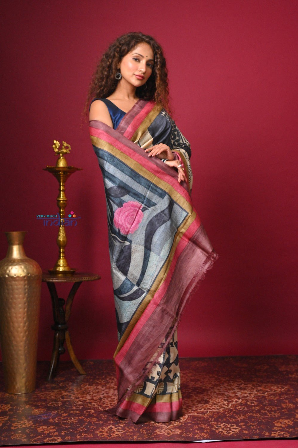 Bengal Gatha ~ Handloom Tussar Silk Saree with Digital Print in Shades of Blue and Red - verymuchindian.com