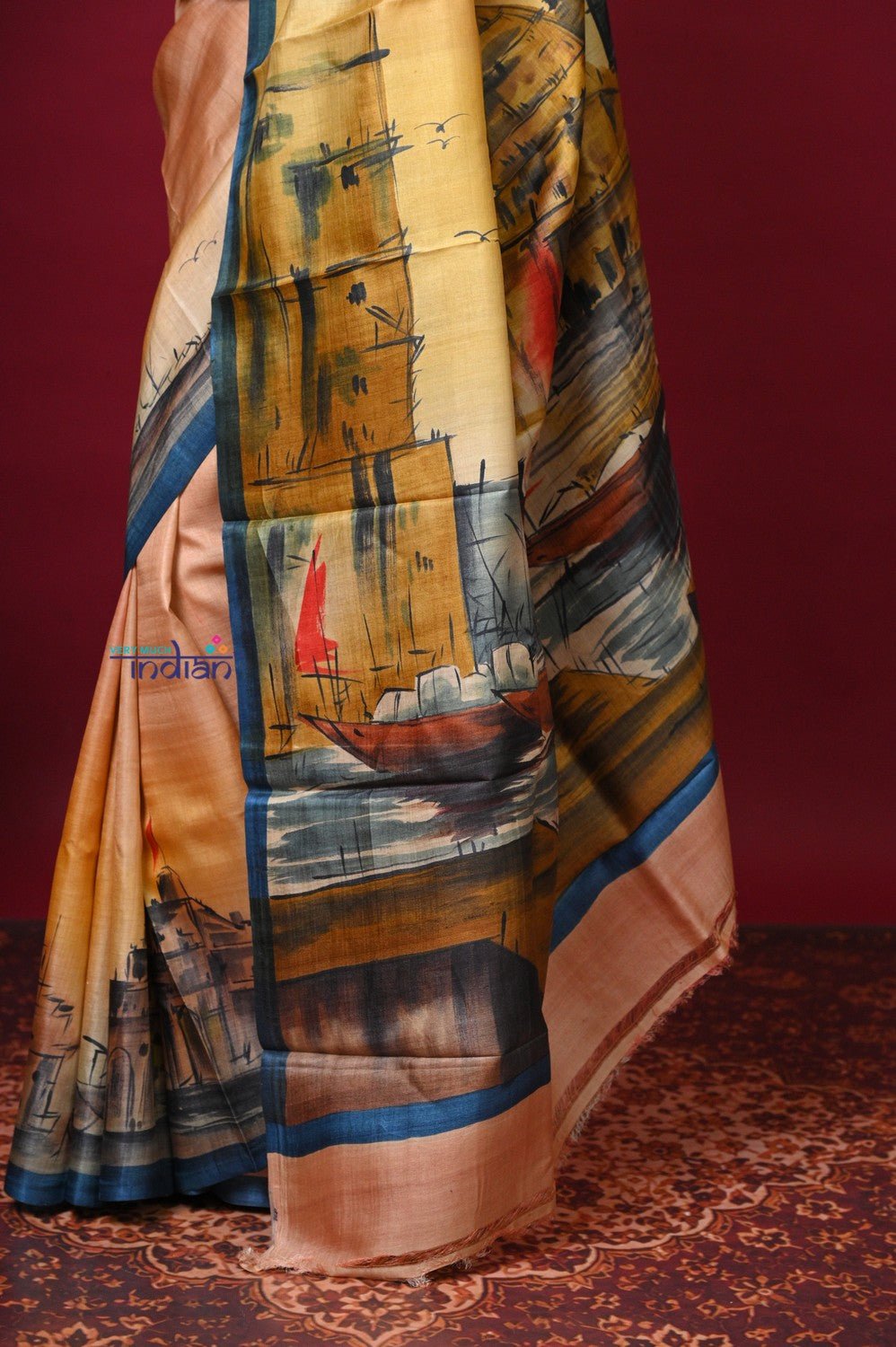 Bengal Gatha ~ Handloom Tussar Silk Saree with Digital Print in Soft Peach - verymuchindian.com