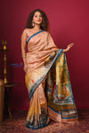 Bengal Gatha ~ Handloom Tussar Silk Saree with Digital Print in Soft Peach - verymuchindian.com