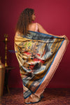 Bengal Gatha ~ Handloom Tussar Silk Saree with Digital Print in Soft Peach - verymuchindian.com