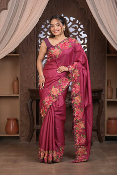 Bengal Gatha ~ Handloom Tussar Silk Saree with Floral Embroidery and Cutwork Border in Mauve Pink - verymuchindian.com