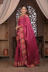 Bengal Gatha ~ Handloom Tussar Silk Saree with Floral Embroidery and Cutwork Border in Mauve Pink - verymuchindian.com