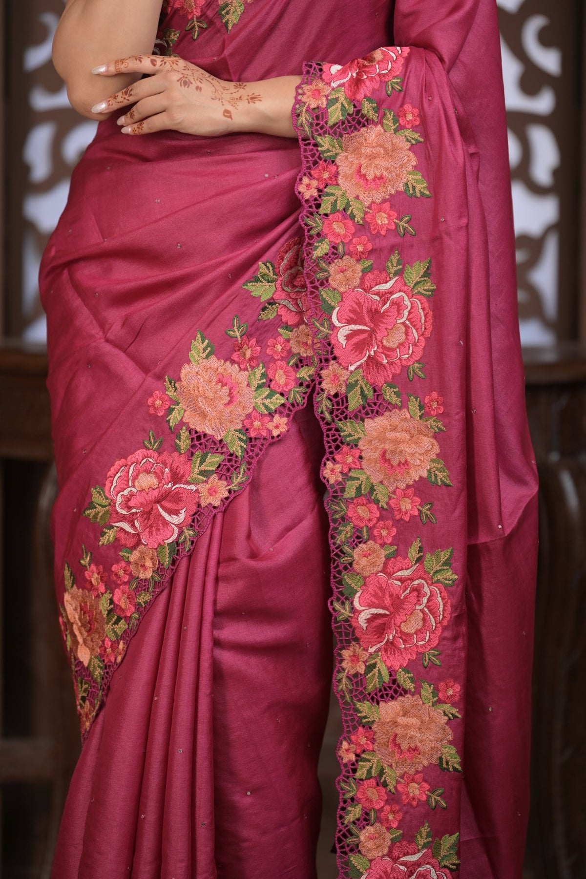 Bengal Gatha ~ Handloom Tussar Silk Saree with Floral Embroidery and Cutwork Border in Mauve Pink - verymuchindian.com