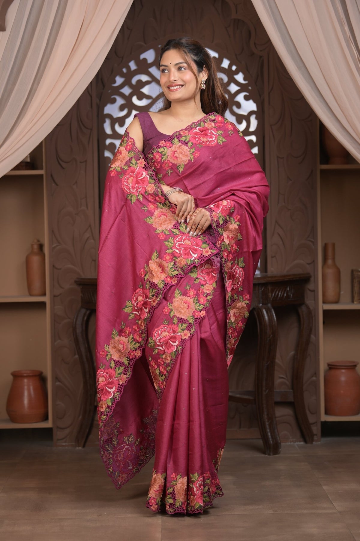 Bengal Gatha ~ Handloom Tussar Silk Saree with Floral Embroidery and Cutwork Border in Mauve Pink - verymuchindian.com
