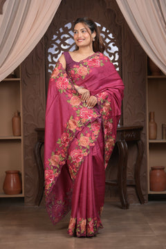 Bengal Gatha ~ Handloom Tussar Silk Saree with Floral Embroidery and Cutwork Border in Mauve Pink - verymuchindian.com