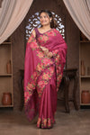 Bengal Gatha ~ Handloom Tussar Silk Saree with Floral Embroidery and Cutwork Border in Mauve Pink - verymuchindian.com