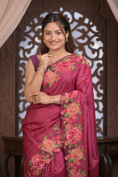 Bengal Gatha ~ Handloom Tussar Silk Saree with Floral Embroidery and Cutwork Border in Mauve Pink - verymuchindian.com