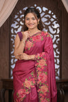 Bengal Gatha ~ Handloom Tussar Silk Saree with Floral Embroidery and Cutwork Border in Mauve Pink - verymuchindian.com