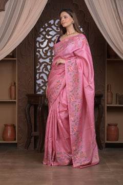 Bengal Gatha ~ Handloom Tussar Silk Saree with Floral Embroidery in Blush Pink - verymuchindian.com