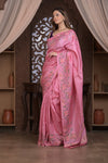 Bengal Gatha ~ Handloom Tussar Silk Saree with Floral Embroidery in Blush Pink - verymuchindian.com