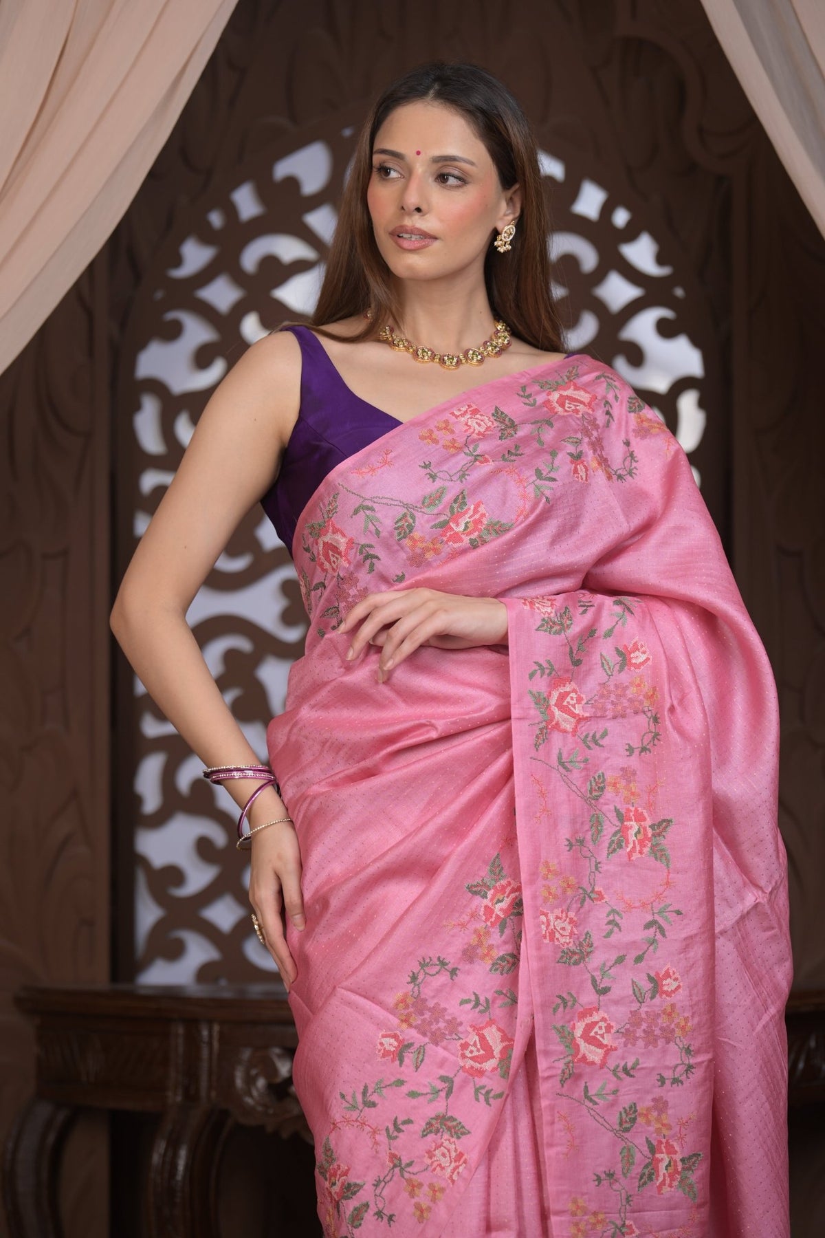 Bengal Gatha ~ Handloom Tussar Silk Saree with Floral Embroidery in Blush Pink - verymuchindian.com
