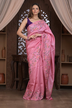 Bengal Gatha ~ Handloom Tussar Silk Saree with Floral Embroidery in Blush Pink - verymuchindian.com