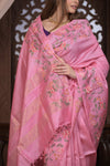 Bengal Gatha ~ Handloom Tussar Silk Saree with Floral Embroidery in Blush Pink - verymuchindian.com