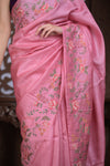 Bengal Gatha ~ Handloom Tussar Silk Saree with Floral Embroidery in Blush Pink - verymuchindian.com