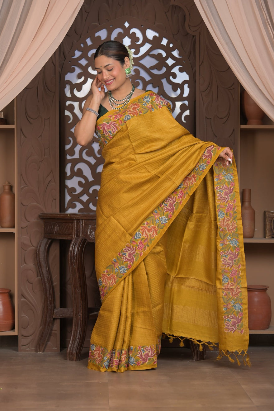 Bengal Gatha ~ Handloom Tussar Silk Saree with Floral embroidery in Turmeric Yellow - verymuchindian.com