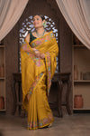 Bengal Gatha ~ Handloom Tussar Silk Saree with Floral embroidery in Turmeric Yellow - verymuchindian.com