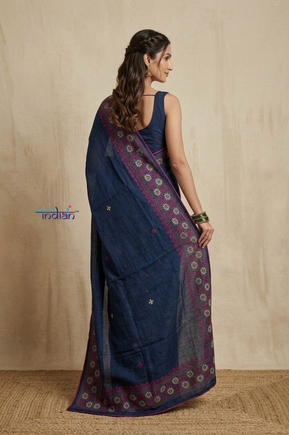 Bengal Gatha ~ Handloom Tussar Silk Saree with Floral Hand Embroidery in Peacock Blue - verymuchindian.com