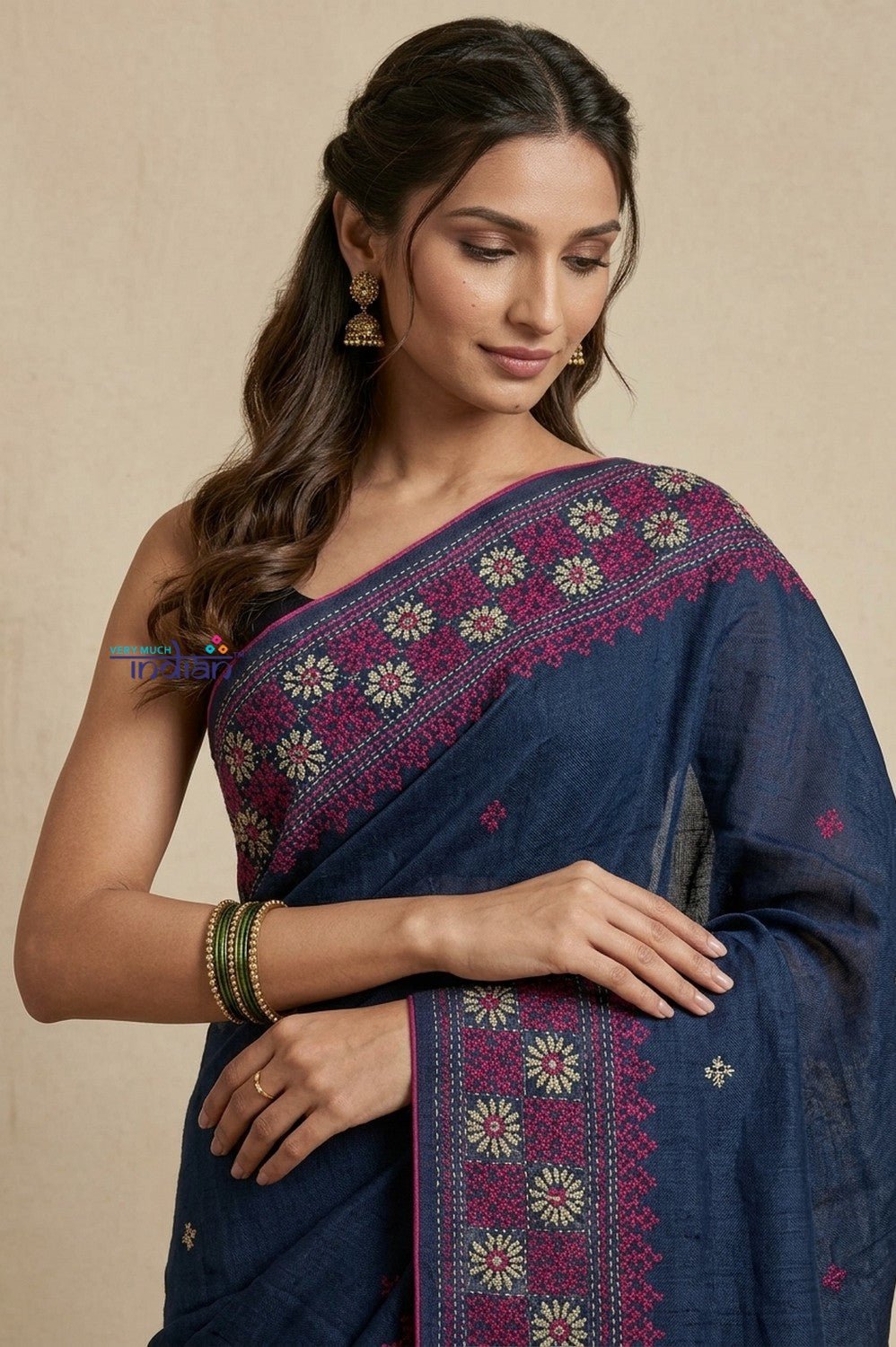 Bengal Gatha ~ Handloom Tussar Silk Saree with Floral Hand Embroidery in Peacock Blue - verymuchindian.com